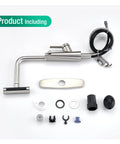 CREA Waterfall Kitchen Faucets with Soap Dispenser installation components, including hose, faucet body, and mounting plate.