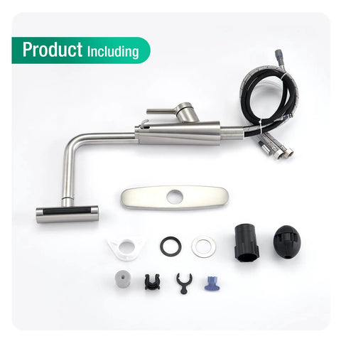 CREA Waterfall Kitchen Faucets with Soap Dispenser installation components, including hose, faucet body, and mounting plate.