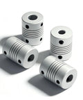 Top Tier Flexible Jaw Shaft Coupling D19 By L25 Inches With 3/6.35/8/10mm Bore Fits Stepper Motors And Encoder Gear For Engraving Machines In Great Condition! Multiple white aluminum couplings with grooves.