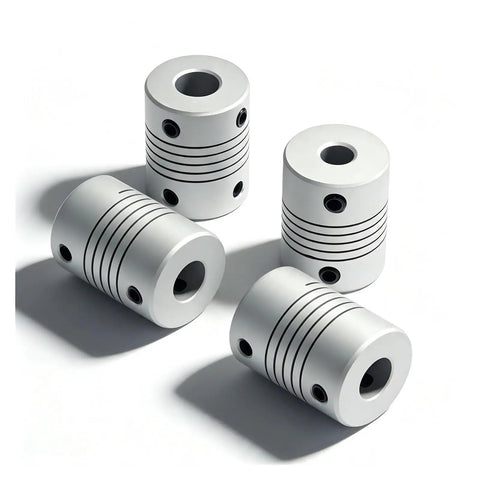Top Tier Flexible Jaw Shaft Coupling D19 By L25 Inches With 3/6.35/8/10mm Bore Fits Stepper Motors And Encoder Gear For Engraving Machines In Great Condition! Multiple white aluminum couplings with grooves.