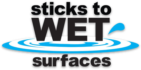 Graphic with text 'sticks to wet surfaces' representing the product's ability to adhere even when wet. Clear Roof Sealant That Actually Seals Leaks Forever, Ultra Elastic Roof Patch Caulk For Shingles And Valleys, Built To Weather Any Climate, Flexible And Weatherproof, 1 Gallon Bottle Easy Squeeze Seals Leaks Like A Champ.