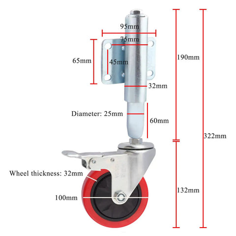 Heavy Duty Spring Loaded Gate Caster Wheel 4 Inch Red Polyurethane Roller dimensions and features displayed with measurements.