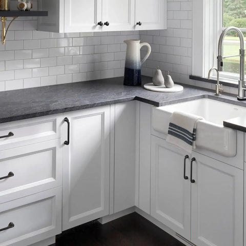 Contemporary white kitchen with Six Pack Antique Brass Cabinet Knobs Set For Retro Drawer Handles Vintage Kitchen Hardware Mid Century Modern Dresser Knobs One Quarter Inch Diameter Each on cabinets.