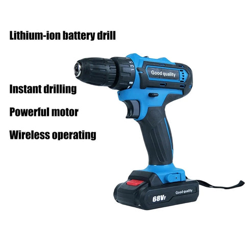 The 21V Cordless Power Drill Kit Is A Solid Heavy Lifter Featuring Brushless Motor 2 Speed Settings For Hassle Free Metal And Concrete Jobs Powered By A Rechargeable Battery That Handles Everything, showing a blue lithium-ion battery drill with powerful motor.