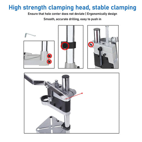 Close-up of Baxyadex Universal Bench Drill Press Stand with clamping head and lever for accurate drilling and stable clamping.