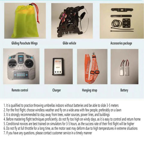 Ultra Lightweight 2.4G RC Paraglider Stunt Toy kit with parachute wings, remote control, charger, straps, and battery.