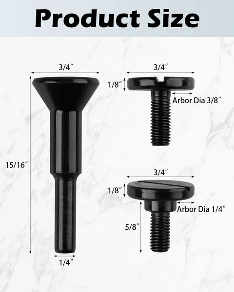 Cut Off Wheel Mounting Mandrel Holder For Three Eighths Inch And One Quarter Inch Arbor Holes Four Pack Die Grinder Accessories For Precise Fit Stable Mounting And Easy Switching shown with detailed dimensions.