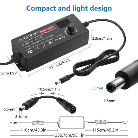 All Purpose 60W Adjustable DC Power Supply For Electronics 3 To 12V Output Up To 5A 100 To 240V AC Input Includes 14 Tips