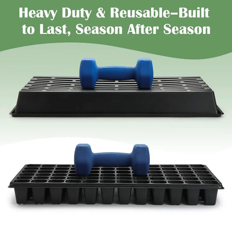 Heavy Duty Reusable Plastic Seed Starter Kit with 1020 and 72-Cell Trays supporting weights, shown with blue dumbbell