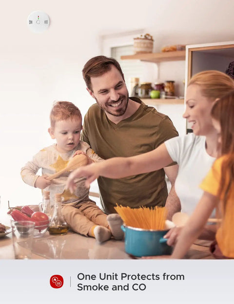 Family in kitchen with 2 In 1 Battery Operated Smoke And Carbon Monoxide Alarm For Home Basements Travel Office Bedroom Living Room And Car