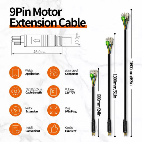 Diagram of 9 Pin Waterproof Ebike Motor Cable Connector with Hall Sensor, 160cm length, showing detailed specifications and features.