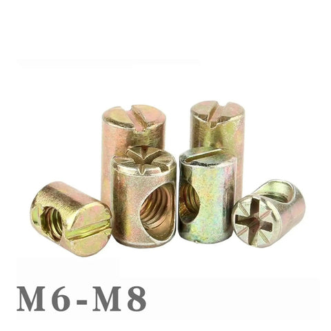 Barrel Nuts And Bolts Set For Furniture Cross Dowel Slotted Zinc Plated Multi Size Pack with M6-M8 sizes.