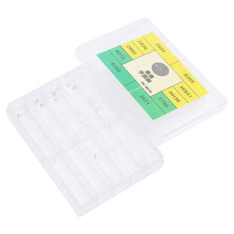 Pro Grade Watch Dial Feet Tool Set with alloy dial feet in a plastic storage box.