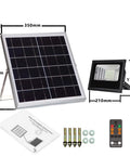 JUDYSSY Outdoor Led Floodlights with Remote Control, featuring a solar panel and light with adjustable brightness and mounting accessories.