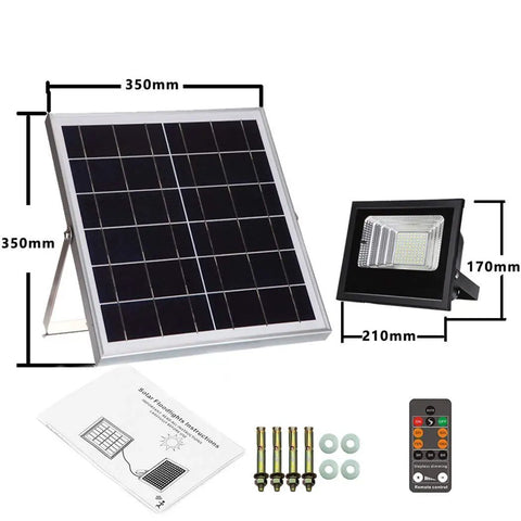 JUDYSSY Outdoor Led Floodlights with Remote Control, featuring a solar panel and light with adjustable brightness and mounting accessories.