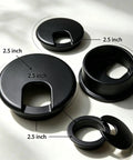 Premium Desktop Grommet Covers Slick Cable Organizers Hella Tough ABS Plastic Wire Routing Kit For Working From Home Office Setup No Mess Cord Management 5 Pack Black with 2.5 inch openings.