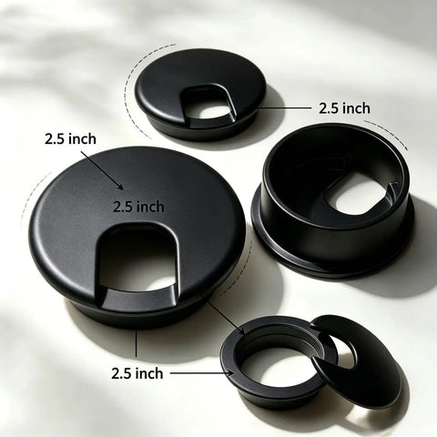 Premium Desktop Grommet Covers Slick Cable Organizers Hella Tough ABS Plastic Wire Routing Kit For Working From Home Office Setup No Mess Cord Management 5 Pack Black with 2.5 inch openings.