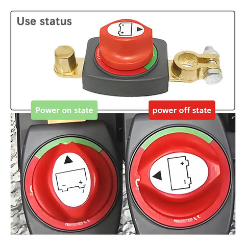 Built Tough Top Post Battery Disconnect Switch For 12V And 48V Trucks showing power on and off states with smooth flip knob.