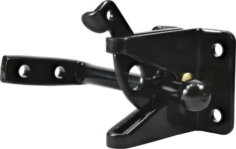 Heavy Duty Outswing Gate Latch Self Closing Spring Hinge, matte black finish, steel material, outdoor fence security.