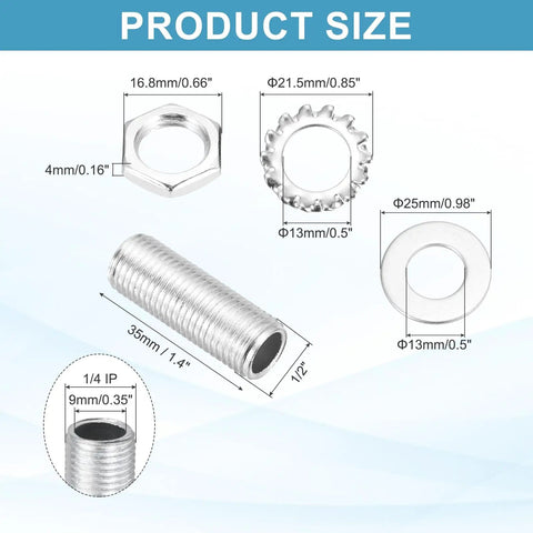 35 Piece Rock Solid Lamp Pipe Nipples Kit Featuring 1.4 Inch Silver Carbon Steel Threaded Rods with nuts and washers highlighted.