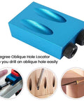 Close-up of 15-degree oblique hole locator from Pocket Hole Screw Jig And Dowel Drill Joinery Kit For Woodworking, with two drill guides.