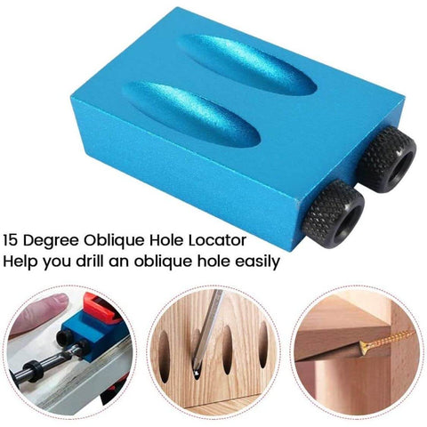 Close-up of 15-degree oblique hole locator from Pocket Hole Screw Jig And Dowel Drill Joinery Kit For Woodworking, with two drill guides.