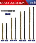 Assorted bronze and black lag screws with T30 bit, showing various sizes, part of Heavy Duty 6 Inch Lag Screws Kit For Outdoor Wood And Structural Fastening Bronze Carbon Steel Washer Head Rust Resistant Epoxy Coated T30 Star Bit 96 Pieces 4 Lb Total Weatherproof Long Lasting Exterior Screws.