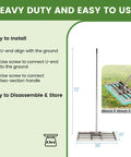 Diagram of Stainless Steel Lawn Leveling Rake With 72 Inch Two Section Handle Heavy Duty Top Dressing Tool for soil.