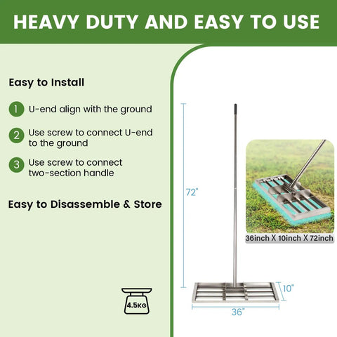 Diagram of Stainless Steel Lawn Leveling Rake With 72 Inch Two Section Handle Heavy Duty Top Dressing Tool for soil.