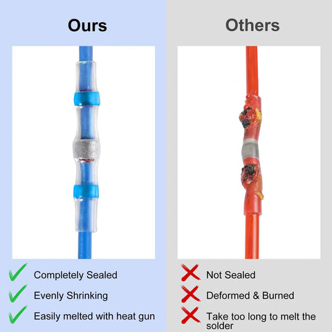 Comparison showing Solder Seal Wire Connectors Set 430 Pieces Heat Shrink Butt Connectors Waterproof Anticorrosion No Fuss For Motorcycle Automotive Marine Easy Heat Gun Solder Sleeve Crimpless Quick Sealing vs. other connectors.