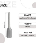 One Thousand Pieces Of 22 Awg Wire Ferrule Connectors In Matte Gray Finish, 22AWG size, 16mm length, ideal for electrical work.