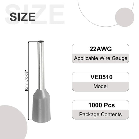 One Thousand Pieces Of 22 Awg Wire Ferrule Connectors In Matte Gray Finish, 22AWG size, 16mm length, ideal for electrical work.