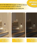 Handmade Walnut Wood Motion Sensor Night Light Two Pack Wireless LED Wall Sconces in different operation modes on stairs