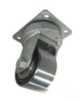 Kingpinless Heavy Duty Swivel Caster With Forged Steel Wheel Featuring Ten Thousand Pound Capacity And Built Like A Tank To Crush Heavy Loads While Rolling Smooth For No Fluff Workhorse Reliability mounted on a metal plate.