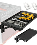 Foldable Magnetic Work Table For Packout System with tools displayed, attached to toolbox, compatible with rails and side brackets.