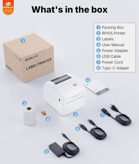 Contents of Wireless Bluetooth 4x6 Shipping Label Printer For iPhone And Android No Fuss Setup Print 4x6 Labels For Amazon eBay Shopify Etsy UPS Portable Thermal Label Printer For Packages With RLabel App White