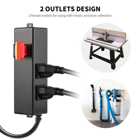 Heavy Duty Keylock Router Table Switch With Dual Power Outlets No Sweat Install For Any Professional Woodshop 125V 15Amp Multi Purpose Badass Shop Upgrade with two outlets for router and dust collection.