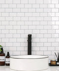 Bathroom sink with Upgraded Peel And Stick Subway Tile Backsplash Kit 10 Self Adhesive 12 Inch Square White Tiles Realistic 3D Texture.