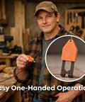 Man holding Rope Anchor Hook for Chalk Line Use One Handed Rope Fixation Tool, orange plastic and steel, in woodworking setting.