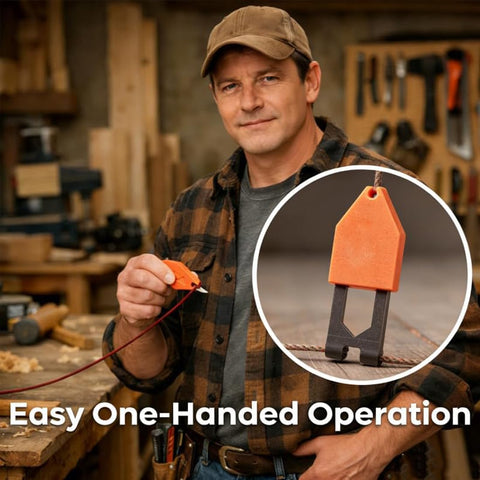 Man holding Rope Anchor Hook for Chalk Line Use One Handed Rope Fixation Tool, orange plastic and steel, in woodworking setting.