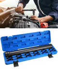 13 Piece Car Chassis Repair Wrench Kit For Steering And Chassis Maintenance Heavy Duty Steel Tools in blue case next to mechanic