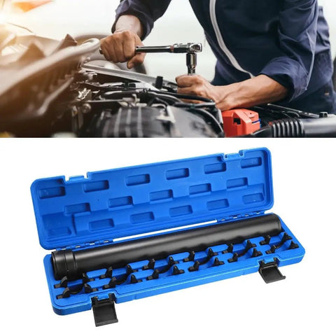 13 Piece Car Chassis Repair Wrench Kit For Steering And Chassis Maintenance Heavy Duty Steel Tools in blue case next to mechanic