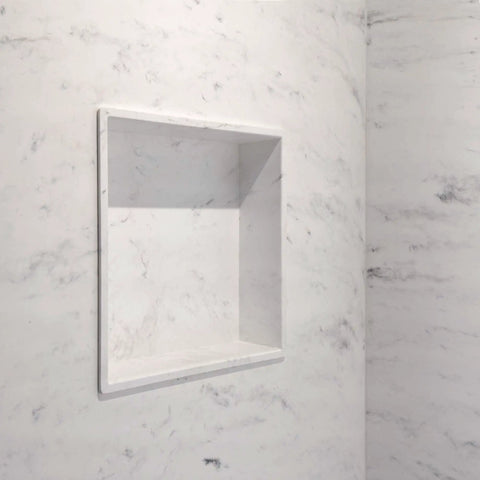 SaraMar 14-Inch by 14-Inch Storage Pod for Shower Walls, Recessed Nook Organizer in White Venito Finish installed