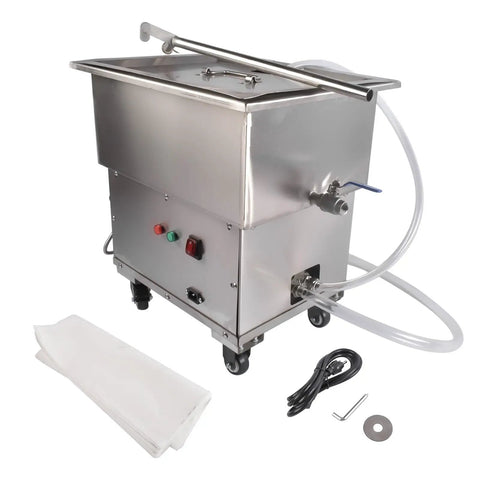 Heavy Duty 370W Commercial Fryer Filter Machine With 18L Oil Filler Cart Truck Separator showcasing stainless steel build and accessories.