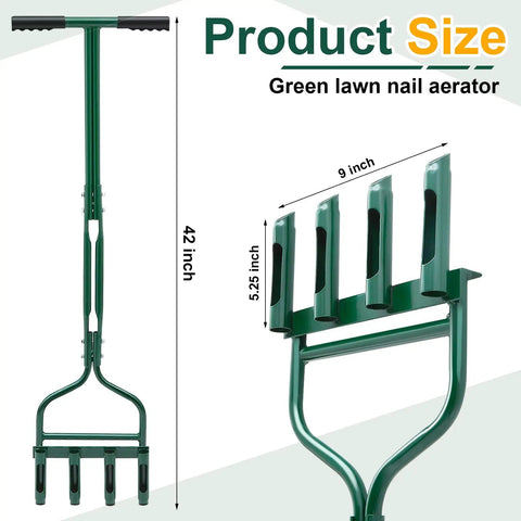 42 Inch Manual Lawn Aerator Tool With Core Plug Tines For Lawn And Soil Aeration, Heavy Duty Yard And Garden Tool, Green Finish