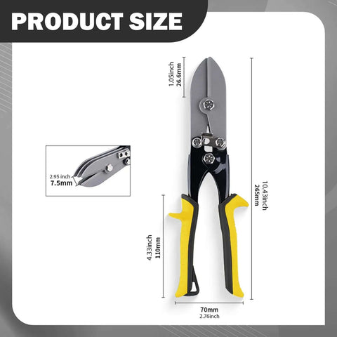 5 Blade Hand Ergonomic Grip Portable Crimping Tool For 24 Gauge Steel To 28 Gauge Stainless Steel with yellow handle shown with dimensions