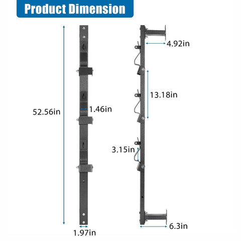 Heavy Duty Trimmer Rack, Three-Place Weedeater Organizer dimensions showing steel construction and powder coating for durability.