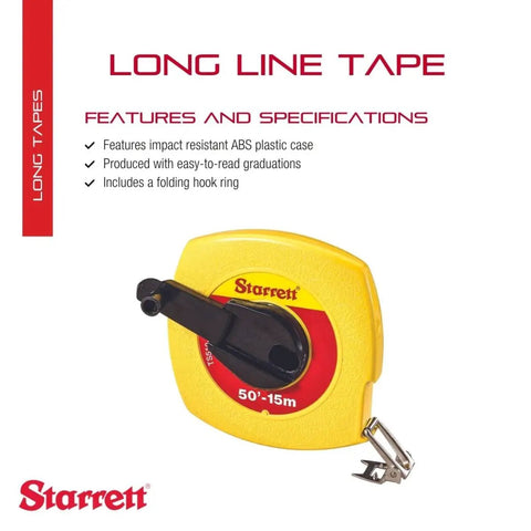 Rugged Long Line Tape Measure With Impact-Resistant ABS Case And Folding Hook, 50 Ft Length, Three Eighths Inch Wide, L6 Graduation
