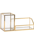 Gold Glass Business Card Holder With Pen And Pencil Tray Desktop Display Stand For Office Organization
