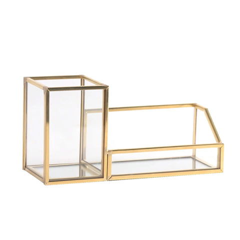 Gold Glass Business Card Holder With Pen And Pencil Tray Desktop Display Stand For Office Organization